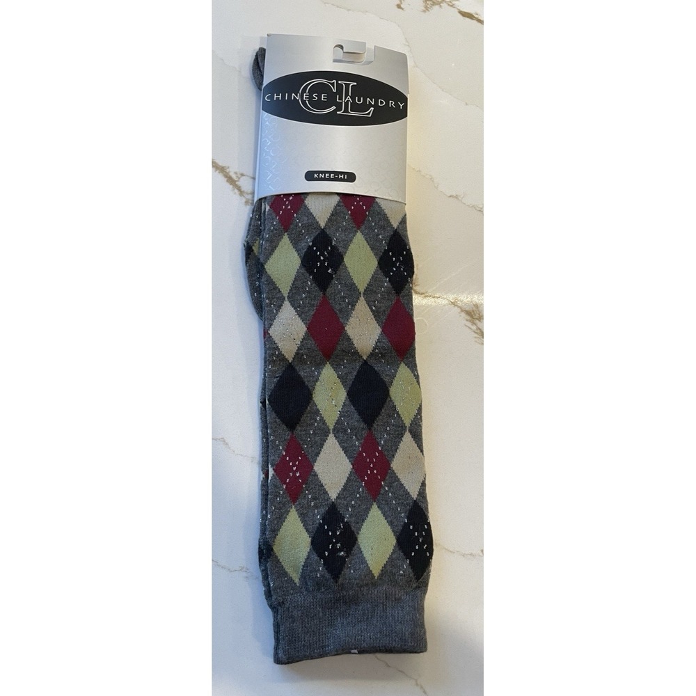 Vtg Y2K Chinese Laundry Knee High Socks Women Size 9-11 Argyle‎ Grey Cotton